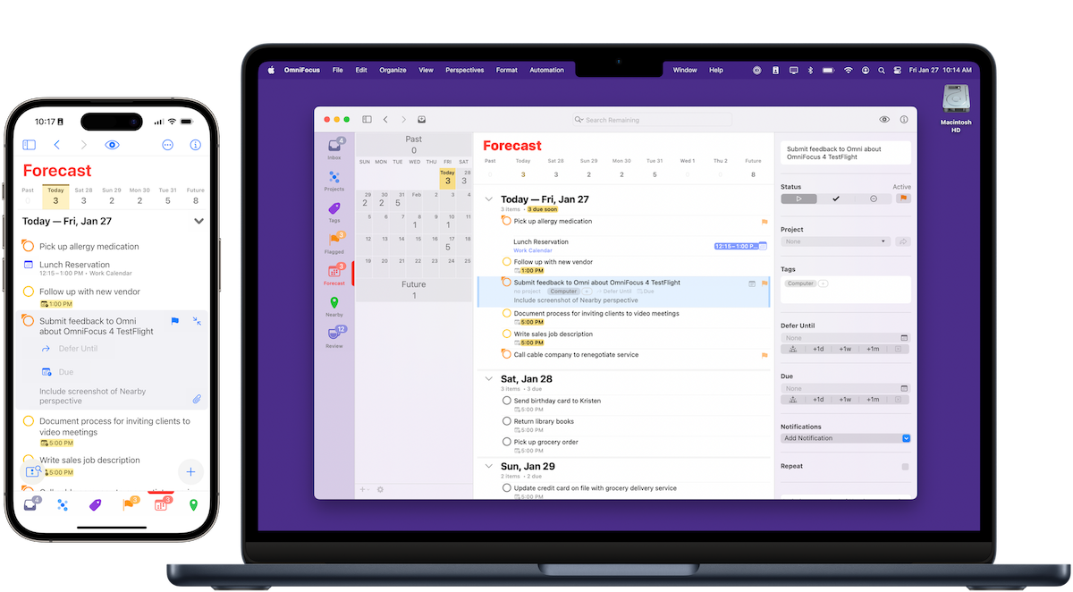 A screenshot showing the updated Forecast perspective in OmniFocus 4 for MacOS and iOS