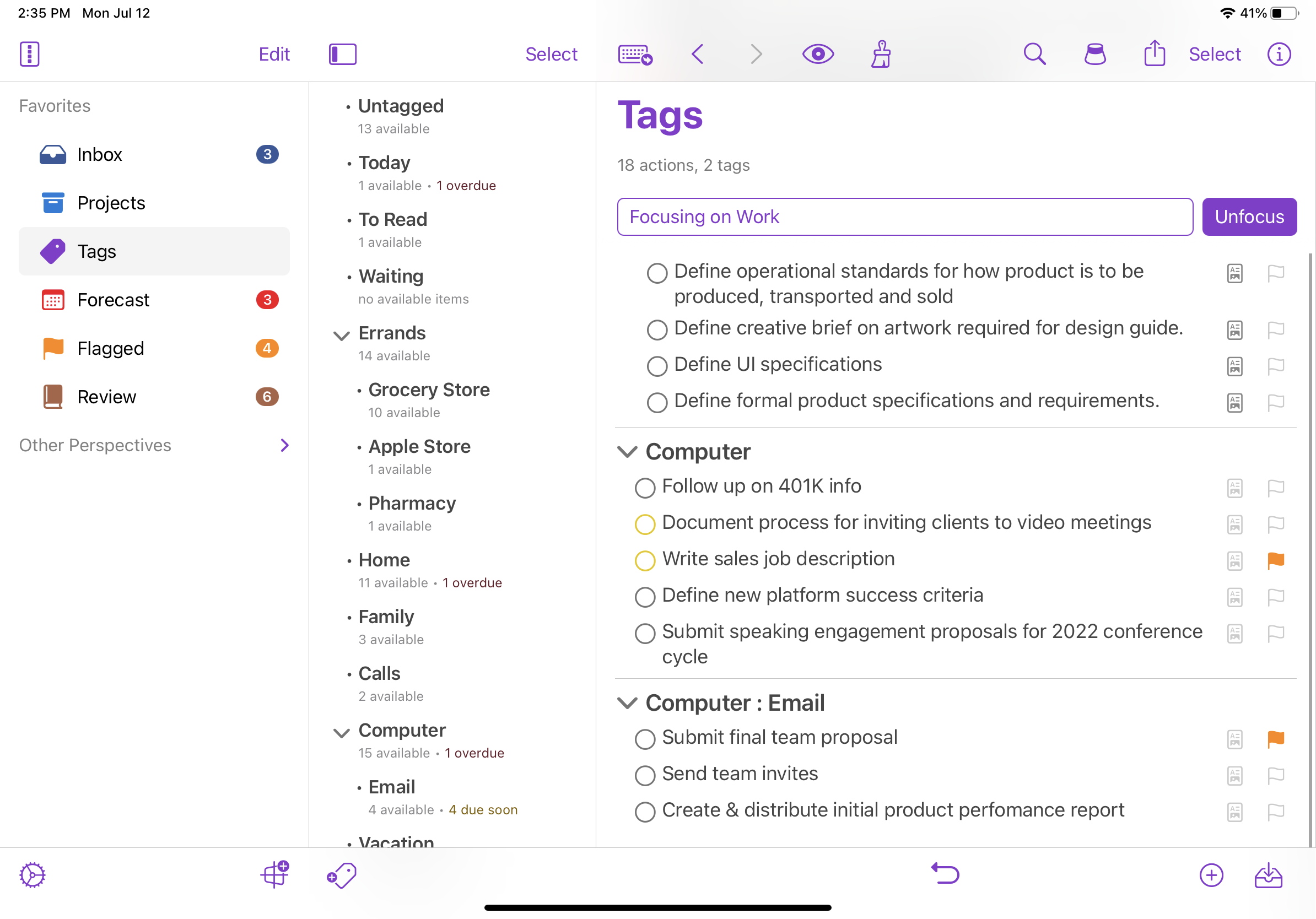 OmniFocus 4 screenshot showing a Tags view