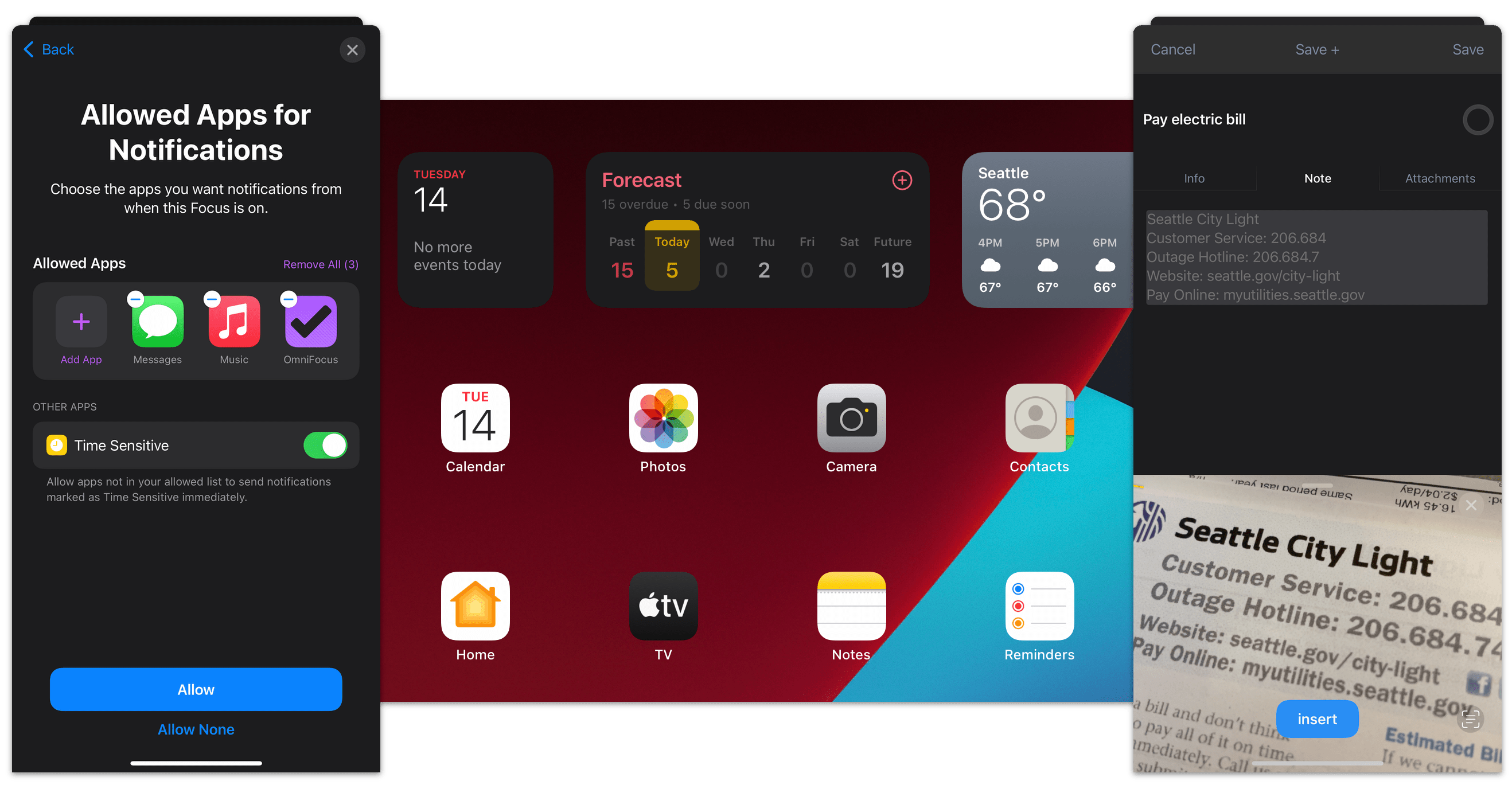 A screenshot showing Selective Notifications, OmniFocus widgets on an iPad, and Live Text capture in OmniFocus