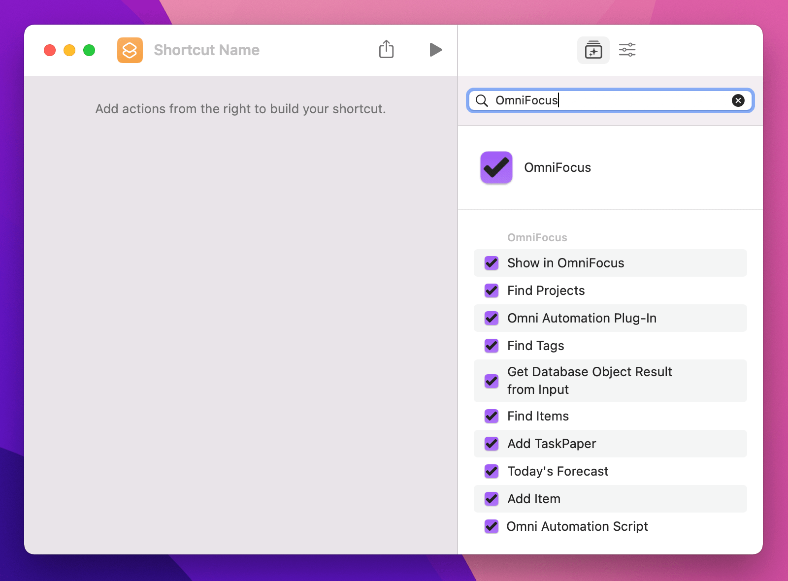 A screenshot highlighting OmniFocus shortcuts in the macOS Shortcuts app.