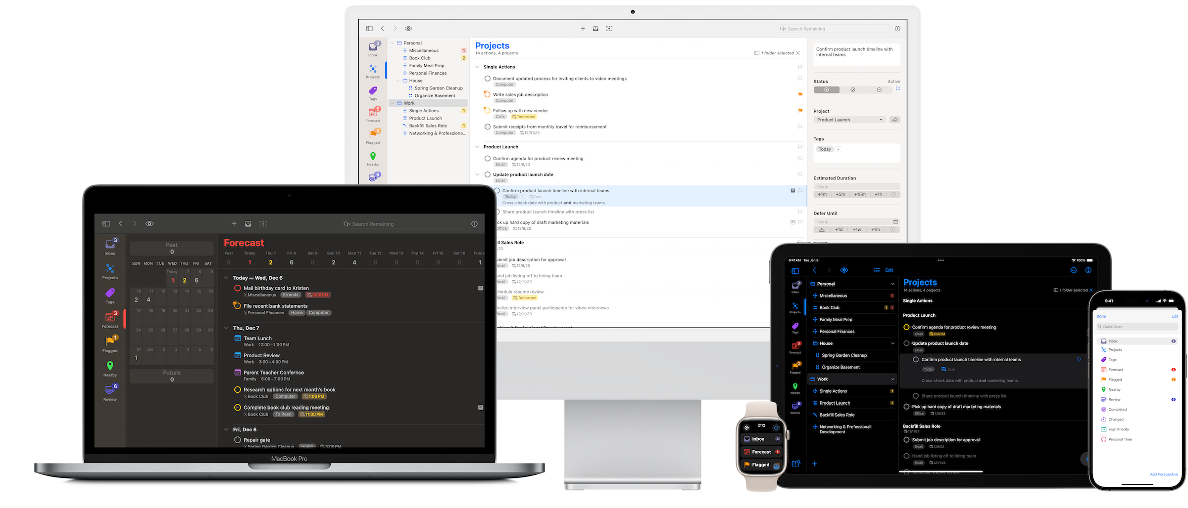 A screenshot showing a composite of OmniFocus 4 compatible devices